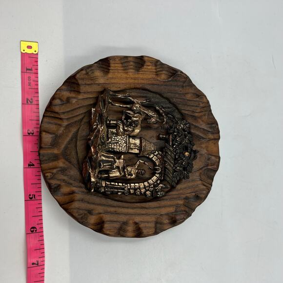 Vintage Wooden Carved Round Wall Hanging Decor Metal Copper Tone Blacksmith - Picture 8 of 8